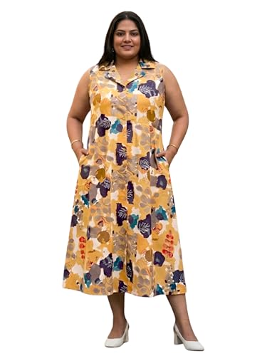 Image of Indietoga Women Plus Size Floral Print Cotton Midi A-line Dress (XL to 7XL)