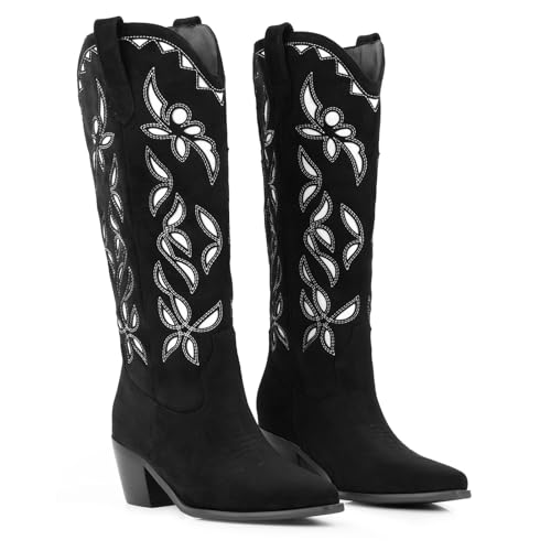 Image of LingxiaUne Cowboy Boots for Women Floral Cowgirl Boots with Pointed Toe and Chunky Heel Mid Calf Western Boot for Concert Festival Country Night Party