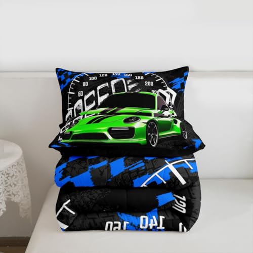 Image of Feelyou Boys Race Car Comforter Race Sports Car Bedding Set for Kids Boys Sports Theme Comforter Set Toddler Size Checkered Inner Fill Duvet Set Fluorescent Green 1 Comforter Set with 1 Pillowcase