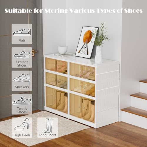 Image of 3-Tier Portable Shoe Rack Organizer for Closet, 12 Pairs Shoe Container Bins, Clear Plastic Collapsible Shoes Storage Box, Stackable Sneaker Storage Shoe Cabinet with Door