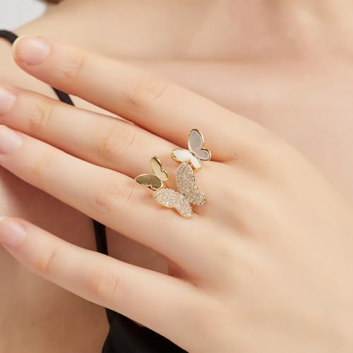 Gold Adjustable Ring, CZ Sterling Silver Butterfly Rings for Women or 18k Gold Plated Stackable Rings - Cool Cute Rings, includes: Butterfly | Pink Floral | Spiral Leaf Rings Gift for Wife, Mother, Daughter, Women4