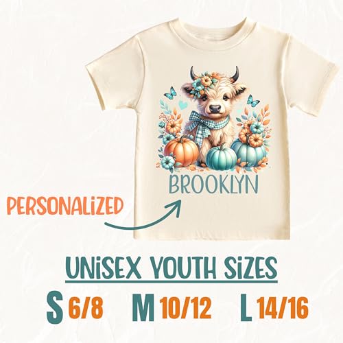 Personalized Highland Cow T-Shirt for Girls, Custom Fall Western Wear Tee with Name, Short Sleeve Graphic Shirt, Autumn Pumpkin Cow Lover Gift for Girl2