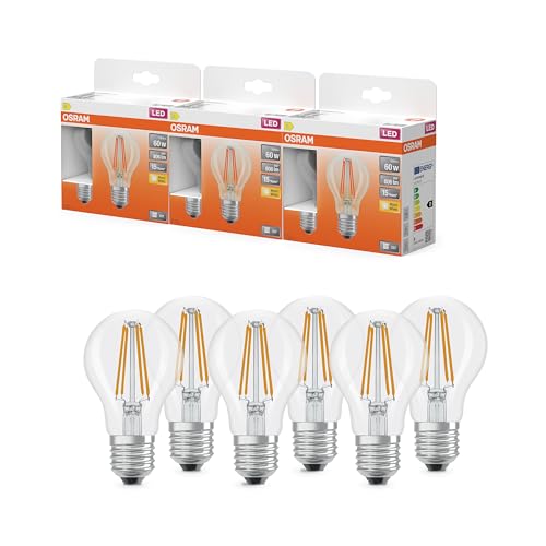 OSRAM Lámpara LED forma de estrella, filamento A60, 2700 K blanco cálido, 5,9 W, E27, transparente, 806 lm, 15.000 h, para lámparas de techo y de pie, salón,3-Pack