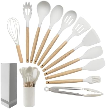 Ensemble de 12 Ustensiles de Cuisine en Silicone avec Manches en Bois ...