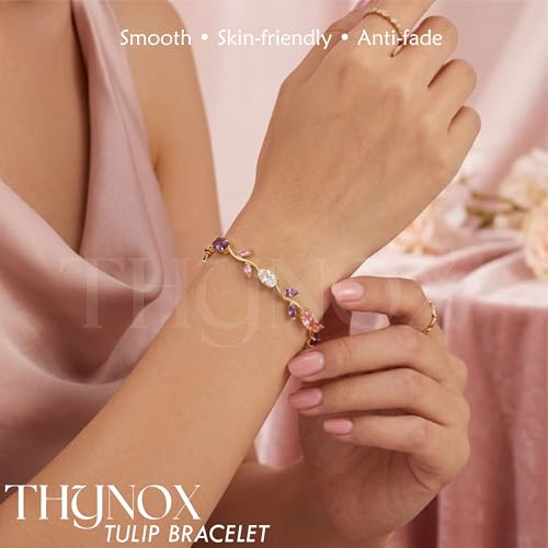 Image of THYNOX Tulip Bracelet for Women Stylish | Gold Plated Crystal Floral Jewellery | Adjustable Chain Wrist for Women & Girls Stylish | Elegant Tulip Bracelet for Women, Party & Daily Wear Accessory