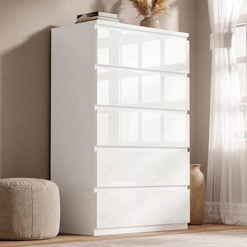 Blisswood High Gloss White Chest of Drawers 5 Drawer Bedroom Chest of Drawers Chest of Draws Tall Dresser Bedside Table Storage Cabinet for Bedroom Living Room Office Hallway Furniture