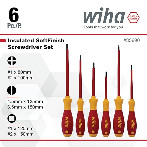 Wiha 35890 Insulated Slotted Phillips and Square Screwdriver Set, 6-Piece