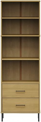 Miniatura 5 de Estantería industrial resistente con 2 cajones, color marrón, 23.6 x 13.8 x 70.9 pulgadas, madera maciza Oslo