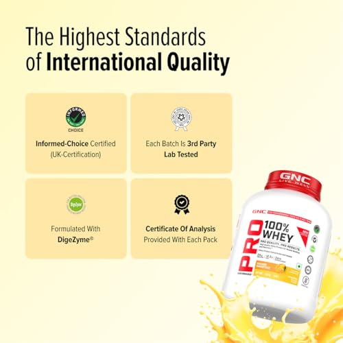 Image of GNC Pro Performance 100% Whey Protein | New Formulation | 24g Protein, 5.7g BCAAs, 12.3g EAAs | Added DigeZyme | Whey Isolate & Concentrate Blend, Low Carb (4.51g), No Added Sugar | Mango, 1.81Kg