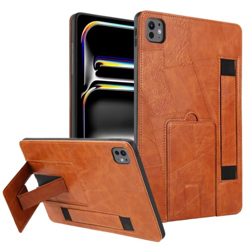 Étui iPad Pro 11 2024 marron en silicone avec béquille en cuir et dragonne intégrée