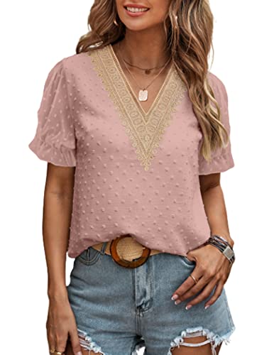 Zeagoo Oberteile Damen Blusen mit Spitzen Kurzärmel Shirt V-Ausschnitt...
