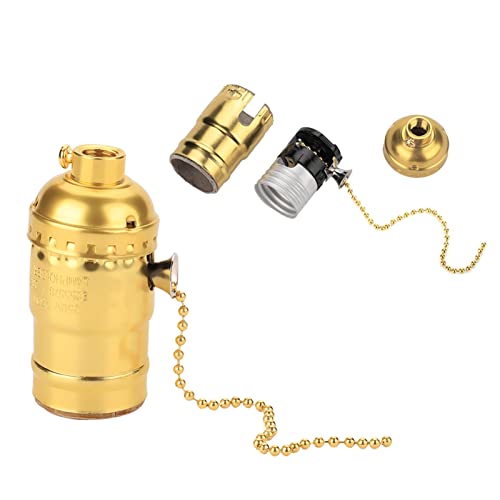 E27 Lamp Holder with Pull Chain, Aluminum Vintage Light Socket with Pull Chain Desk Table Lamp Lighting Holder Screw Base (Gold)