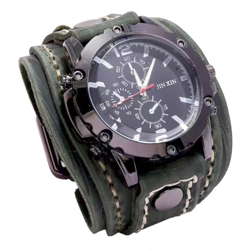 MINILUJIA Handmade Men Watches Vintage Punk Hip-hop Gothic Wide PU Leather Fashion Cuff Round Dial Quartz Wristwatch Big Dial Black Brown