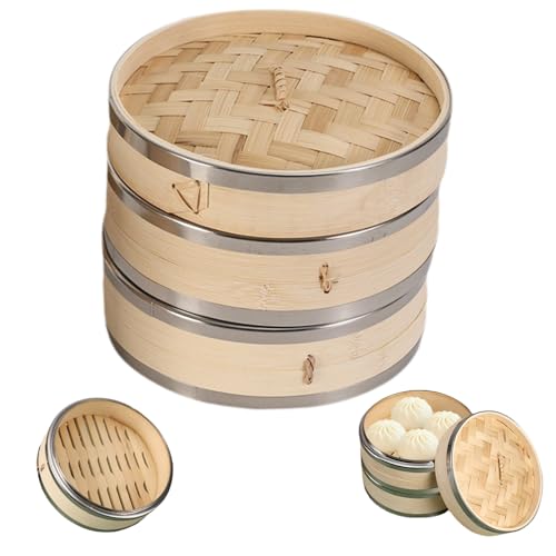 Canasta de Vapor Cesta de Vapor de 2 Niveles con Tapa de bambú de bambú Basquera Cesta de ídolo para la Olla en casa Baozi Buns Dim Suma