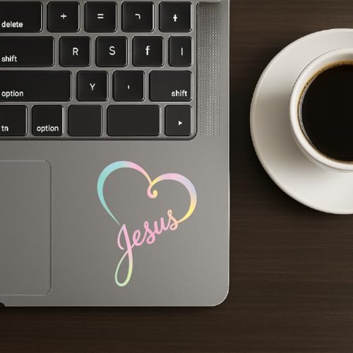 Image of Jesus Heart Car Decal Pastel Rainbow Sticker - Minimalist Christian Cursive Vinyl Decal, Cute Faith Love Bumper Sticker, Aesthetic Gift for Teen Girls Christian Young Women