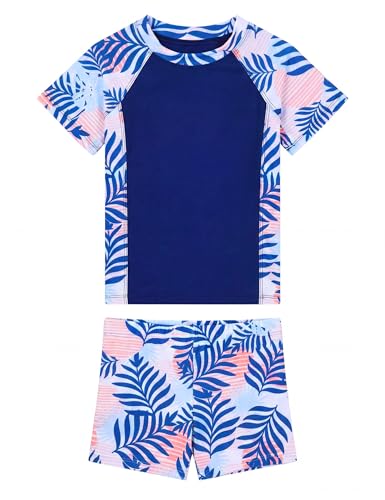 Image of Girls Swimsuit 2 Piece Rash Guard Set Short Sleeve Bathing Suits UPF 50+ Summer Beach Swimwear