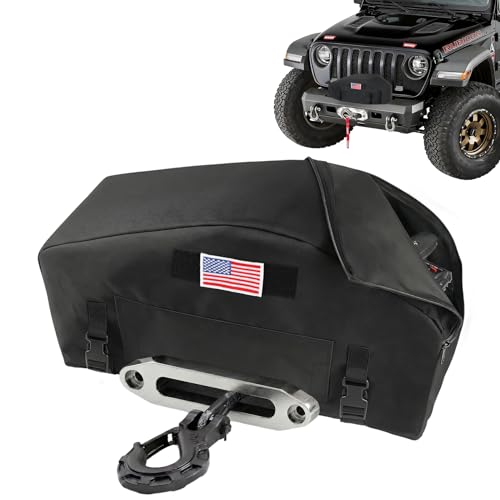 Winch Cover with Flag & Top Zipper High-Quality Waterproof Dust-Proof 900D Electric Winch Protective Cover for Jeep UV-Resistant Indoor/Outdoor Weather Resistant Winch Accessories for 8000-13500LBS