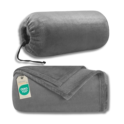 INSPINOVIA Reisedecke grau 150 x 200 cm 2in1 mit Tasche | Decke fürs Auto | Campingdecke Ultraleicht | Outdoor Decke | Flugzeugdecke | Fleecedecke