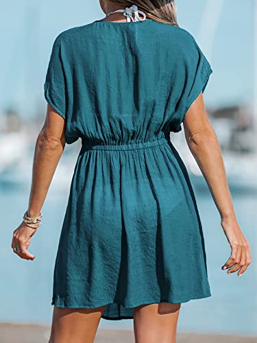 Image of CUPSHE Women's Swimsuit Coverup Casual V Neck Beach Dress Short Sleeve Elastic Waist Swimwear Cover Ups 2026 Beachwear