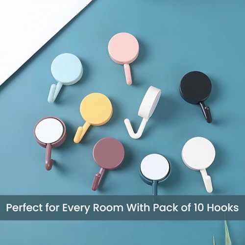 Image of Zulaxy Round Wall Hooks for Hanging - Multicolor Self Adhesive Hooks for Keys, Kitchen, Bathroom, Decorative Use - Cute Plastic Hooks for Kids & Home Organization (Pack of 10)