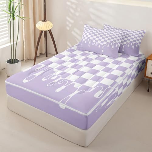 Image of Lavender Checkered Zipper Bedding Set Queen Zip Up Bedding Checkerboard Drip Comforter Set with Sheets,Indie Aesthetic Modern Geometric Bed in a Bag Bed Sets with 2 Pillowcases Y2K Room Decor