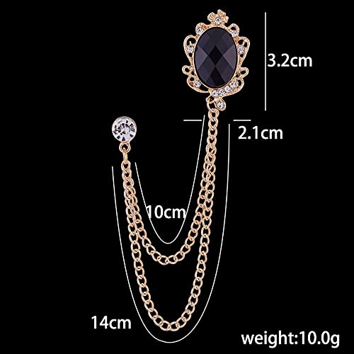 Image of Vintage Gemstone Chain Brooch Pin,Rhinestone Long Chain Tassel Suit Pin Zircon Oval Gem Lapel Pin Jewelry for Women Men