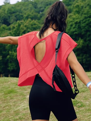 Image of SENSERISE Womens Open Back Workout Tops Backless Short Sleeve Athletic Shirt Running Crop Top Gym Yoga Tee