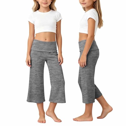 Pantalones Piratas de Yoga para Niña, Pantalón Capri 3/4 Holgado de Pata Ancha en Color Liso, Ropa Casual Cómoda para Jugar Diario Mallas Elásticas Deportivas n42