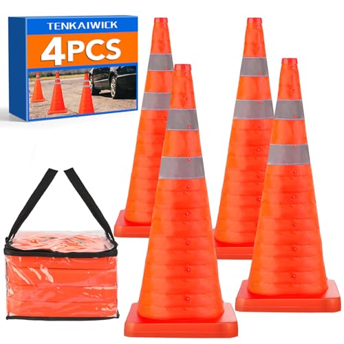 Image of TENKAIWICK 28 Inch 4 Pack Traffic Cones with Storage Bag, Collapsible Safety Cones, Multi Purpose Pop-up Cones with Reflective Collar, Orange Cones for Parking lot, Driveway, Driving Training etc
