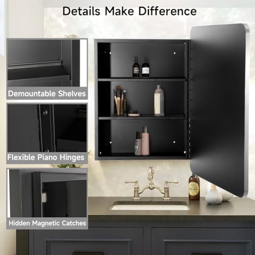 Image of Movo 24x30 Inch Black Metal Framed Bathroom Mirror Medicine Cabinet Rectangle Tilting Beveled Vanity Mirrors Recess or Surface Mount Installation Chrome