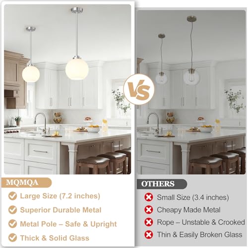 Image of MQMQA 2 Pack Globe Pendant Lights, Mid Century Brushed Nickel Pendant Light Fixtures, Globe Pendant Lights Kitchen Island with Milk Glass Shade Hanging Fixture for Dining Room (Bulbs not Included)