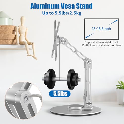 Image of Portable Monitor Stand VESA Mount, Tilt & Rotation Joints Use Metal Hinges, Foldable Aluminum Desk Mount for 13-18.5 Inch & up to 5.5 lbs Small Monitors, Suitable for Home Office Travel (Silver)