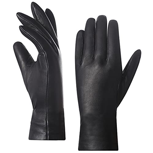 Harssidanzar Genuine Lambskin Leather Gloves For Women, Ladies Winter Warm Driving Leather Cashmere Lined gloves GL006,Black, M