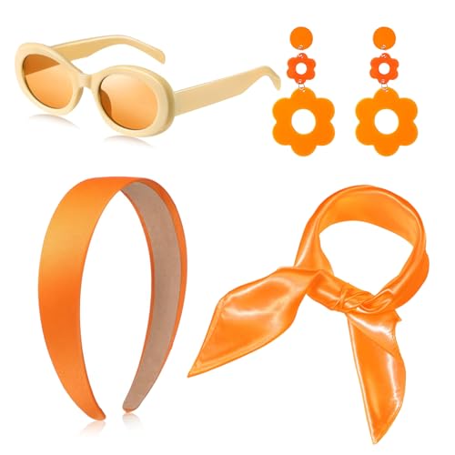 4 Pcs 70s 60s Accessories Women Hippie Disco Groovy Costume Accessories Headband Dangle Earrings Sunglasses Silk Scarf Orange