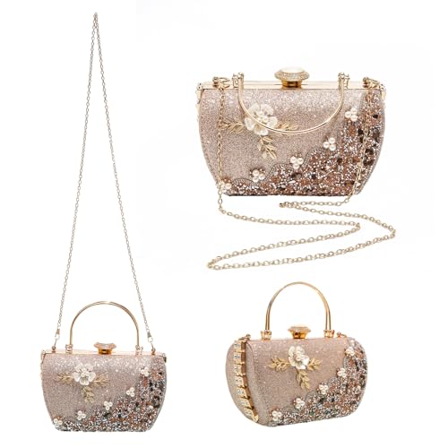 Women's Luxury Crystal Rhinestone Diamond Pearl Metallic Flower Evening Wedding Handbag3