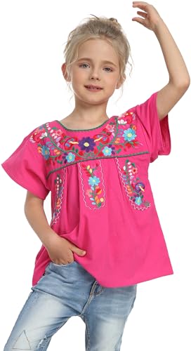 Image of YZXDORWJ Mexican Blouse for Girls Traditional Embroidered Summer Short Sleeve Peasant Blouse for Kids