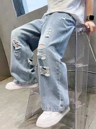 SHENHE Boy's Baggy Jeans Wide Leg Ripped Hip Hop Loose Fit Casual Denim Pants with Pockets4