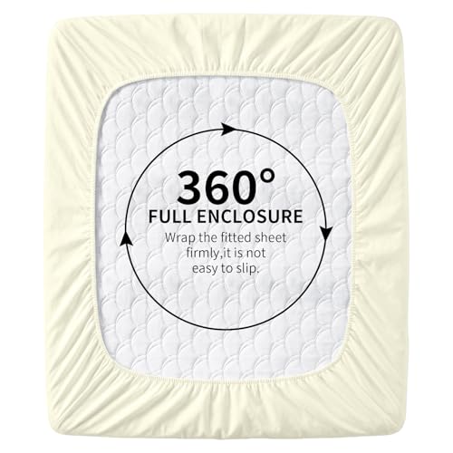 Image of HBHLFZ Full Fitted Sheet Only, Soft Breathable Bottom Sheet - 54 inchx75 inch Deep Pockets Full Size Fitted Sheet - All Around Stretch Fit, Wrinkle Resistant, Colorfast - Easy Care, RiceYellow