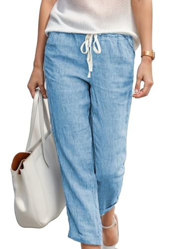 Women's Cropped Trousers Casual Loose Linen Elastic Waist Ankle Pants