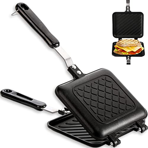 MAKINGTEC Sandwich Maker, Non-stick Grilled Sandwich and Panini Maker Pan with Handle, Stovetop Toasted Sandwich Maker Aluminum Flip Pan for Home Kitchen, black