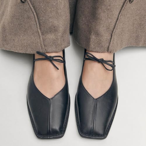 Image of Ballet Flats for Women Lace Up Bow Square Toe Mary Janes Cute Ballerina Shoes Slip On Comfortable Elegant Dress Shoes