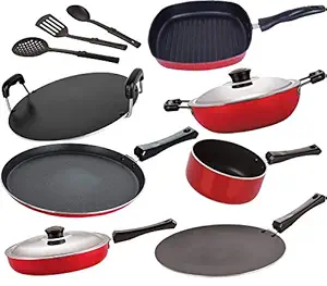 NIRLON Non-Stick Aluminium Healthy Cookware Kitchen Utensil Set, Red & Black - 10 Pieces [FT12_CT12_FP12_DKD(B)_SP(M)_RT_GP24_3SPN]