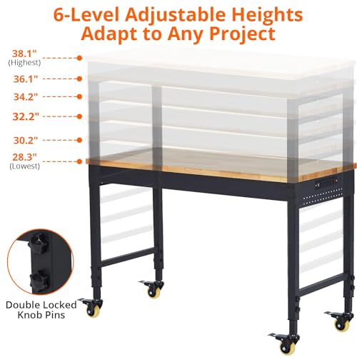 Work Bench 72" Adjustable Height, Heavy-Duty Portable Workbench with Power Outlets for Garage & Workshop, 2000 LBS Load Capacity, Work Table for Office, Home, Easy Assembly