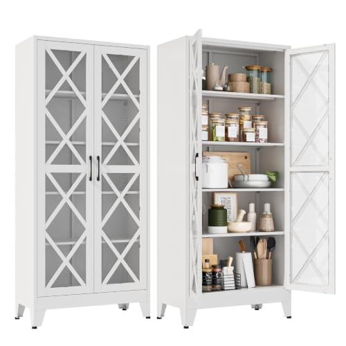 Image of Metal Storage Cabinet with Glass Doors and Adjustable Shelves | 71 inch Tall Pantry Cabinet for Kitchen Dining Room Bathroom Garage,White,1 Pce