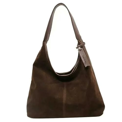 SMMZRF Freizeittasche Damen Wildleder Umhängetasche Vintage Große Kapazität Hobo Bag Einfarbig Beliebte Handtasche-Kaffee