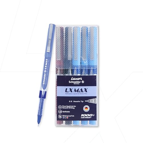Image of Luxor Schneider, LX MAX roller ball pen, Pack of 5-3 Blue + 1 Black + 1 Red, Needle Tip, 0.5mm, 100% German Technology, 1000+ mtrs writing length, Waterproof Ink, Ideal for Students & Professionals