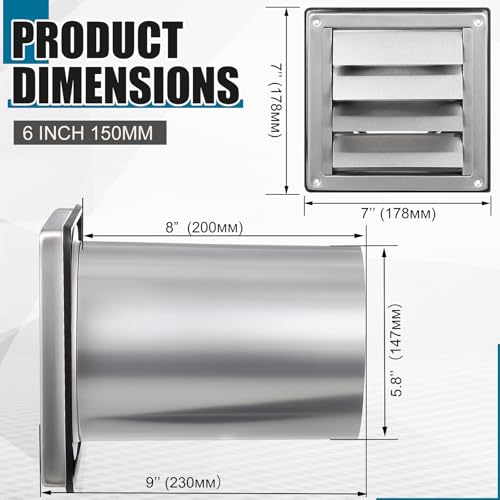 Image of Shimeyao 6 Inch Wall Vent Cover with 8 inch Extended Air Pipe Stainless Steel Dryer Exhaust Vent Cover with Louvre and 4 Screws Wall Mount Exterior for AC Range Hood Kitchen HVAC Air Exhaust, Silver