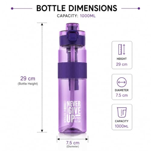 Image of Motivational Sports Water Bottle 1000ml BPA-Free Plastic Bottle with Flip Lid & Straw Reusable Leakproof Drinking Bottle for Gym, School, Office, Home & Outdoor Activities (black, pack of 1) (purple)