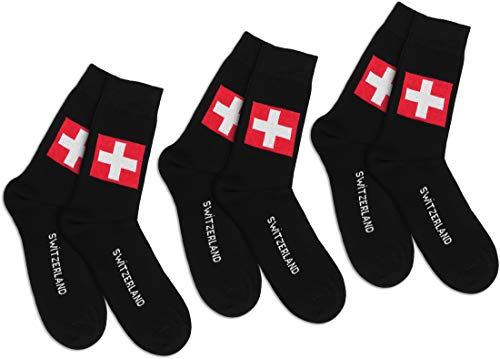 Storfisk Fishing & more Lot de 3 paires de chaussettes Suisse Noir/rouge/blanc avec inscription u00ab Switzerland u00bb + drapeau large et confortable cousu à la main, 42-47