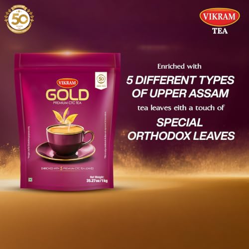 Image of VIKRAM Gold Premium CTC Tea | Blended With 5 Unique Types Of Leaves From Upper Assam And Enriched With Orthodox Leaves | Rich & Aromatic Chai | Premium Black Tea Powder | 1Kg